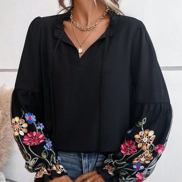 Black Preppy Womens Floral Slleeve Print Lantern Sleeve Tie Neck Blouse - Picture 3 of 6